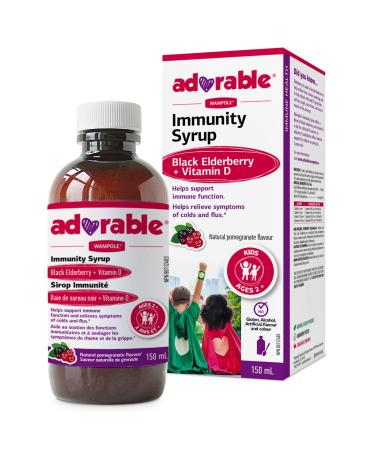 Wampole Adorable Immunity Syrup Black Elderberry + Vitamin D Helps Support the Immune System & Relieve Cold & Flu Symptoms 150 ml