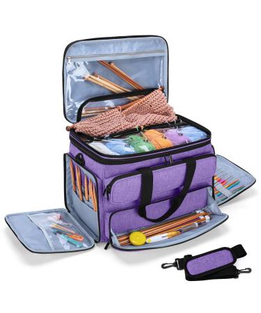YARWO Knitting Yarn Bag, Portable Crochet Storage Tote with Double Top Cover and Yarn Holes for Knitting Needles(Up to 14), Unfinished Projects and Skeins of Yarn, Purple