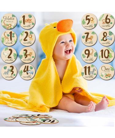 16-Piece Wooden Jungle Animal Baby Milestone Cards | Double-Sided Safari Monthly Markers for Newborn Photos | Baby Shower Photo Props - Buy Online on SooperMarket.com