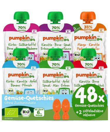Pumpkin Organics 48 Pack first love organic vegetables squeeze with 2 spoons of spoons - squeezing without added sugar - baby food for babies from the 6th month - vegetarian (48x100g) 100 g (48 pack)