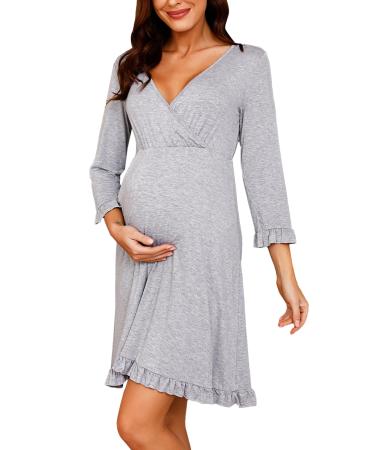 Bresdk Women's Maternity Nightdress Nightwear Long Sleeve Breastfeeding Nightgown Loungwear Pyjamas Pregnant Grey Long Sleeve S