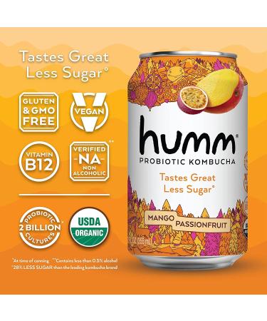 Humm Probiotic Kombucha Mango Passionfruit - 2 Billion Probiotics - Organic, Vegan & GMO-Free - 12 Pack, 12 Fl Oz - Buy Online on SooperMarket.com