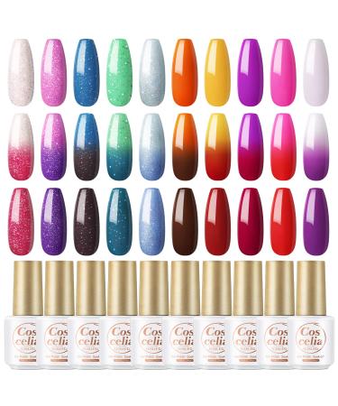 COSCELIA Color Changing Gel Nail Polish Set 10 Pcs Glitter Mood Temperature Change Gel Polish Soak Off Pink Blue Green Full Colors Nail Polish Gel Manicure Nail Starter Kit for Women Girl KIT D