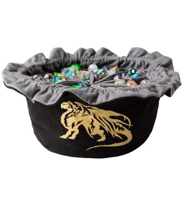 PUGED Large DND Dice Dragon Drawstring Bags with Pockets Black Storage Bag for RPG MTG Game Dices Capacity Over 300 Dice