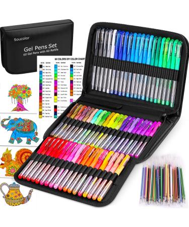 Soucolor Gel Pens for Adult Coloring Books Deluxe 120 Pack-60 Colored Gel Pens 60 Refills and Travel Case with 40% More Ink Gel Art Markers Set for Drawing Journaling Scrapbooking Art Kit Supplies