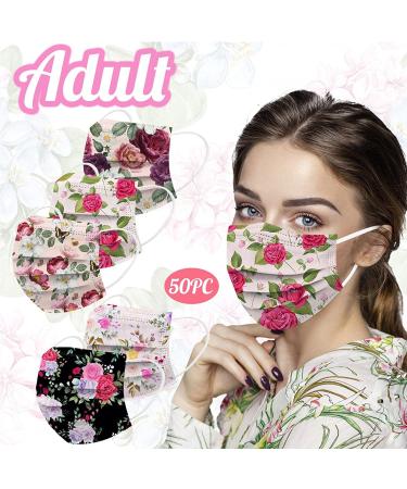 50pcs Floral Disposable Face Mask Adults 3Ply Colorful Paper Masks - Pack of 50 Count - Spring Summer Beautiful Printed Facemask for Men and Women - Flower-8 - Buy Online on SooperMarket.com