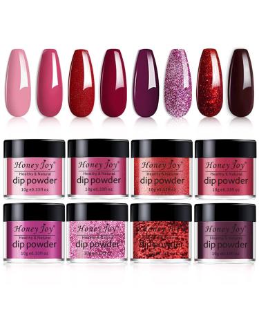 8 box/set Honey Joy Fine Dipping Powder Dip Kit Powder Nail Color System Dark Red Rose Glitter Sequin Purple Red Wine Like Gel Polish Effect Even & Smooth (Dip-8pcs-04) 113-126-50-55-90-19-78-63-10g/box