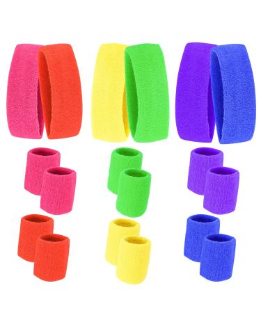 Libima 6 Sets Sweatband Set Headband Wristband Set Wrist Sweatband Sport Wristband Moisture Wicking Athletic Terry Cloth Headband for Men and Women Rose, Green, Purple, Dark Blue, Yellow, Orange