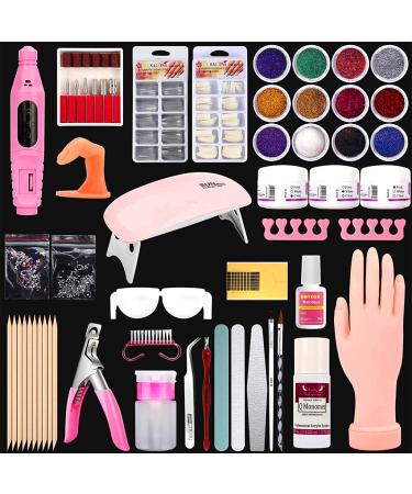 Nail Practice Hand for Acrylic Nails, Flexible Nail Hand Practice Training Kits, Rubber Fake Nail Hand to Practice Fake Nails with Nail Drill, Nail Dryer Lamp, 12 Colors Acrylic Powder Beginners Kit