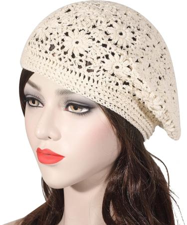 ZLYC Handmade Cotton Slouchy Crochet Beret with Cutout Floral Design - Plain Beige Women's Beanie Hat - Buy Online on SooperMarket.com