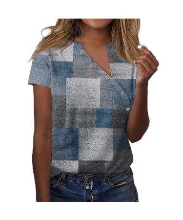 Womens Short Sleeve Tops Oversized V Neck Pullover Trendy Loose Shirt Top Printed Casual Button Down T Shirt 1-blue Large