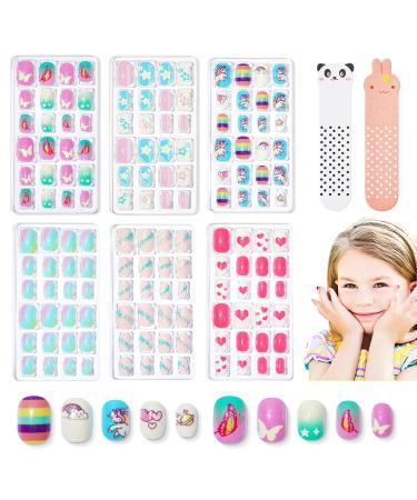 Modelones 144Pcs 6 Pack Press on Nails for Kids Children Acrylic Fake Nails Pre-glue Full Cover Glitter Gradient Color Starts Unicorn Butterfly Short False Nail Art Kits Sets Gifts for Kids Girls A1-Glitter Stars