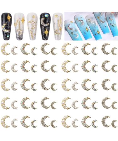 RUNRAYAY 60Pcs 3D Moon Nail Art Charms Colorful & Pearl & Crystal Elegant Nail Studs Diamonds for Nail Accessories Nail Jewelry Decoration for DIY Crafts Nail Decor