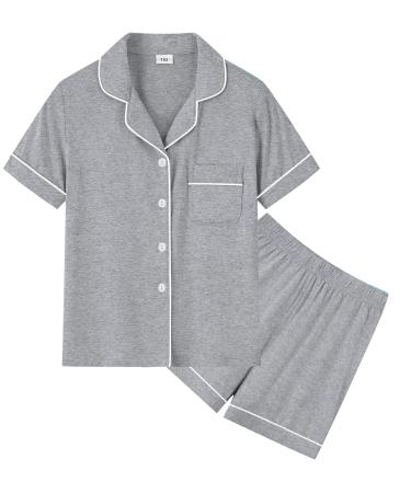 SWOMOG Unisex Girls Boys Modal Pyjamas Set Button-Down PJs Short Sleeve Sleepwear Two-Piece Lounge Sets 8-9 Years Gray