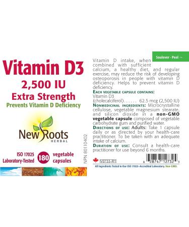 New Roots Herbal - Vitamin D3 2500 IU Extra Strength 180 Capsules - Helps to Prevent Vitamin D Deficiency - Helps in the Development and Maintenance of Bones and Teeth - Support Immune Function - Buy Online on SooperMarket.com