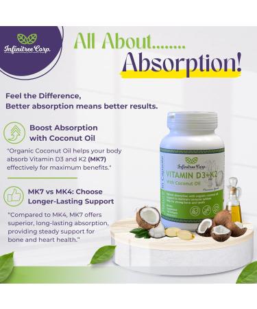 Infinitree Vitamin D3 (1000iu) + K2 (MK-7 / 120mcg) with Virgin Coconut Oil - 120 Softgels Immune Support Bone & Teeth Health High Absorption Made in Canada - Buy Online on SooperMarket.com