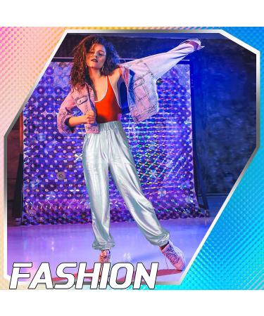 Women's Metallic Shiny Hip Hop Pants - 70s Disco Punk Trousers for Carnival, Halloween, Rave Dance Party - Silver - Buy Online on SooperMarket.com