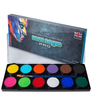 Professional Face Paint Kit - by Blue Squid PRO, 12x10g Classic Color Palette,  Professional Face & Body Painting Supplies SFX, Adult & Kids, Superior Safe Paint for Sensitive Skin Halloween 12 Classic Palette