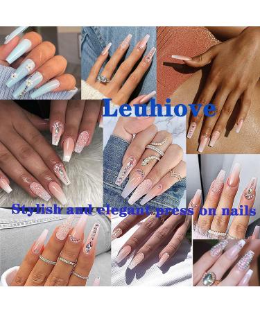 Pink Glitter Gradient Medium Ballerina Press on Nails with Crystal Gem Design - 24Pcs Luxurious False Nails Set for Women & Girls - Buy Online on SooperMarket.com