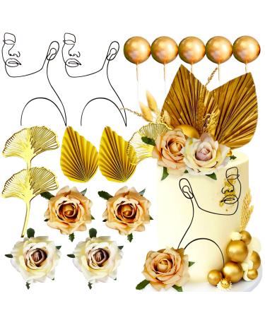 JeVenis Champagne Acrylic Minimalist Art Lady Face Cake Topper Rose Cake Topper Gold Leaves Wedding Cake Toppers for Wedding Bridal Shower Birthday Party