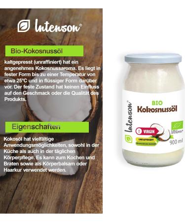 Intenson - Organic Coconut Virgin Oil 900 ml | Cold Pressed | Unrefined | Vegan | Glass Jar - Buy Online on SooperMarket.com