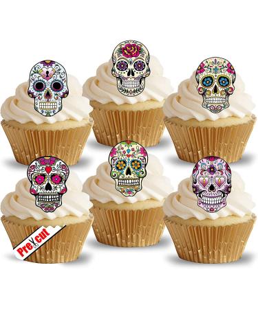 24 x Pre-Cut Calavera Skulls Edible Rice/Wafer Paper Cupcake Cake Toppers Halloween Party Birthday Decorations