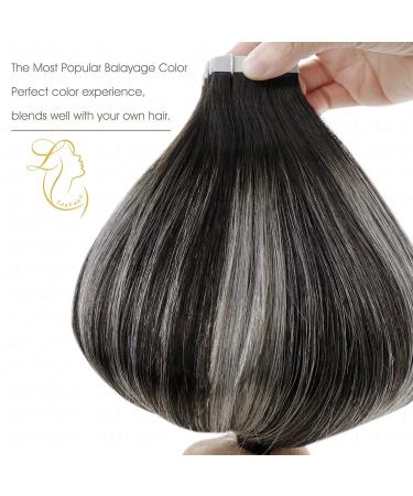 Autumn Deal: LAAVOO 16 Real Hair Tape Extensions - Black Ombre Silver Seamless Skin Weft (50g/20pcs) - Buy Online on SooperMarket.com
