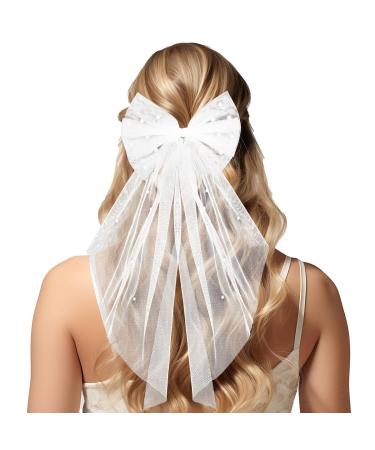 Gjinxi Bridal Hair Bow Veil Vintage Wedding Hairclip Pearl Ribbon Long Hairpin Bride Headband Bachelorette Party Decoration Accessories Bride Shower Gift Hairholders Bridesmaid Favors Barrettes(White)