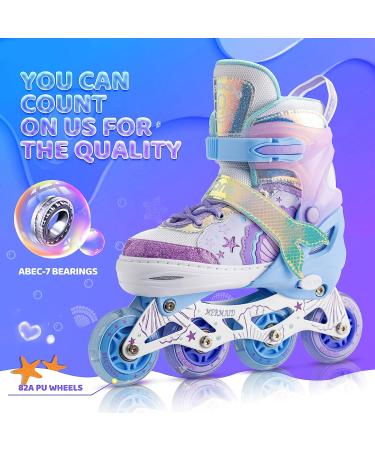 NEMONE Mermaid or Bunny Strawberry Light up Inline Skates - Purple Blue Blades Roller for Girls | 4 Size Adjustable Indoor Outdoor Skates for Kids | A-Mermaid Medium - Big Kid - Buy Online on SooperMarket.com