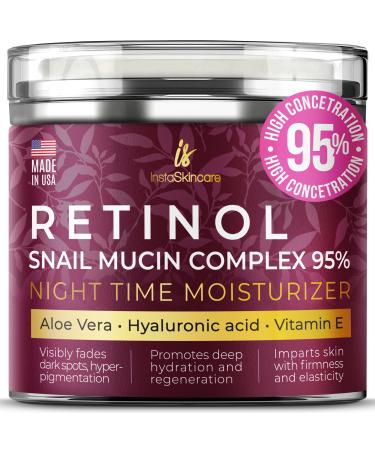 InstaSkincare Face Moisturizer with Retinol Snail Mucin Hyaluronic Acid Niacinamide Aloe Vera - Night Cream for Face - Snail Mucin Cream for All Skin Types - Made in USA (1.7 Oz)