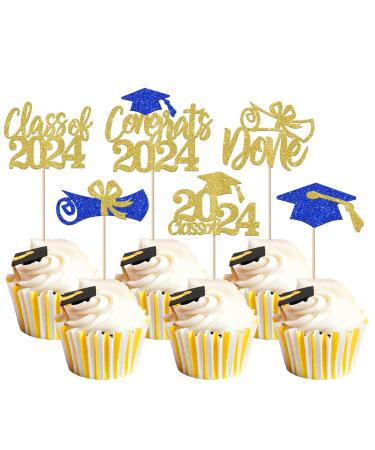 Rsstarxi 24 Pack Class of 2024 Cupcake Toppers 2024 Graduation Food Appetizer Picks 2024 Congrats Grad Cap Done Diploma Cupcake Picks for 2024 Graduation Theme Party Cake Decorations Gold Blue