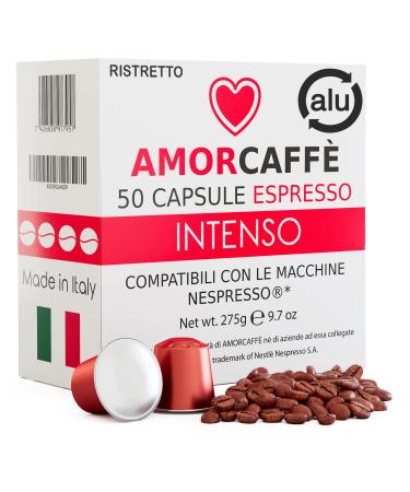 NEW Amorcaffe 50 Recyclable Aluminium Compatible Nespresso Capsules Coffee Pods - Ristretto Intenso Intenso Aluminium 50 Count (Pack of 1)