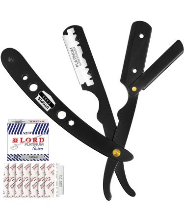 Utopia Care Professional Barber Straight Edge Razor Safety with 100-Pack Lord Blades - 100 Percent Stainless Steel (Black)