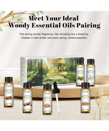 EUQEE Woody Aromatherapy Essential Oils Set - Eucalyptus, Cedarwood, Sandalwood, Frankincense, Cinnamon, Myrrh - 6 x 10ml White Bottles - Buy Online on SooperMarket.com