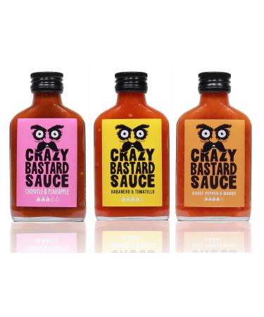 Crazy Bastard Sauce - Sample Set of 3 Hot Chili Sauces - Chipotle & Pineapple Habanero & Tomatillo and Ghost Pepper & Mango (3 x 100ml)