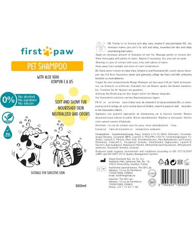 FIRSTPAW Pet Shampoo 500ml - Vegan Puppy & Dog Shampoo Aloe Vera Formula for Sensitive Skin Suitable for All Breeds & Fur Types - Buy Online on SooperMarket.com