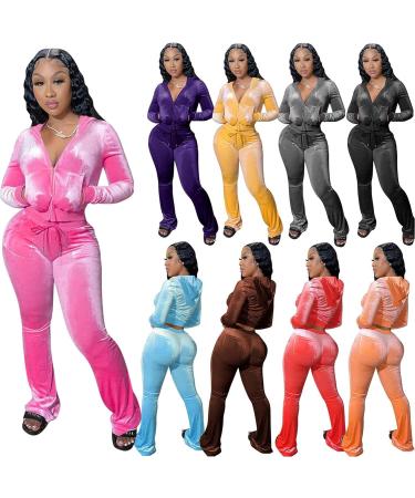 Yidengymx Women's Velour Tracksuit Set | Pink Hoodie & Wide Leg Pants | Long Sleeve Crop Top | Medium - Buy Online on SooperMarket.com