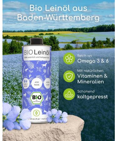 Wolfsbach Organic Linseed Oil for Dogs & Cats - 1L Cold Pressed Omega 3 & 6 - 100% Organic from Germany | BARF & Feed Oil - Buy Online on SooperMarket.com
