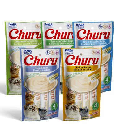 INABA Churu Cat Treats, Grain-Free, Lickable, Squeezable Creamy Pure Cat Treat/Topper with Vitamin E & Taurine, 0.5 Ounces Each Tube, 20 Tubes Tuna and Chicken Variety Pack