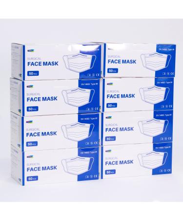Show-me Type IIR fluid resistant surgical Face Masks Disposable Face Masks For Everyday Use Essential Face Mask For Bacterial protection Pack of 400 Colour - White One Size 8 count (Pack of 50)