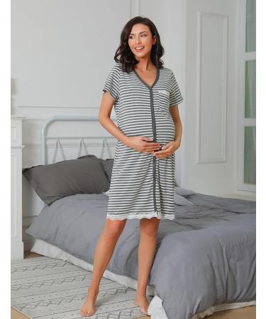 Uniexcosm Maternity Nursing Nightdress Short Sleeve Button Down Grey Stripe Sleepwear - Buy Online on SooperMarket.com