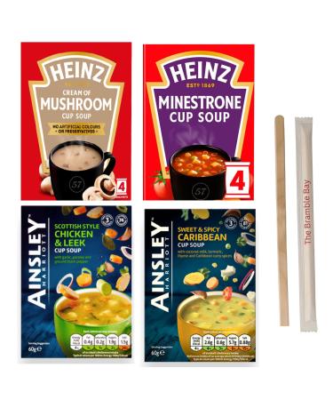 Cup Soup Variety Bundle Mushroom Minestrone Chicken and Leek Caribbean total of 14 packets Wooden Stirrer x10