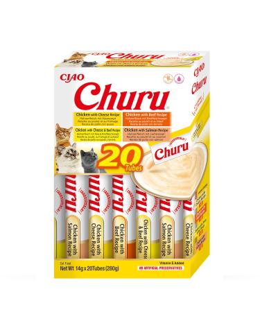 Inaba churu puree multipack - a total of 20 tubes: 5x chicken with cheese 5x chicken with beef 5x chicken with cheese & beef and 5x chicken with salmon chicken & beef 280 g (1 Pack)