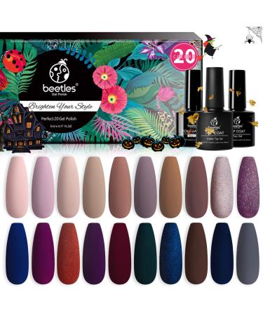 Beetles 20 Pcs Gel Nail Polish Kit - Manhattan Collection Autumn Fall Winter Nude Glitter Burgundy Red Purple Champagne Gold Gel Polish Soak Off Glossy & Matte Top Base Coat Halloween Gifts for Women