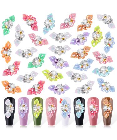 Kalolary 30PCS 3D Nail Art Charms Pearl Petals Nail Jewelry with Diamond Acrylic Flower Nail Gems Nail Rhinestones with Nail Pearls Crystal Nail Art Stud Accessories Women Nail Supplies(B)