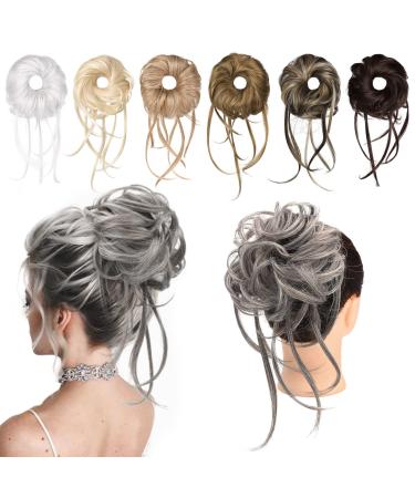 REECHO Messy Bun Hair Piece 1PC Super Long Tousled Updo Hair Bun Extensions Wavy Ponytail Hair Scrunchies with Elastic Band Hair Accessory for Women - Gray and Brown Mix