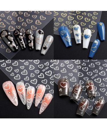 8 Sheets Metallic Heart Love Nail Decals - 3D Self-Adhesive Nail Stickers in Gold, Silver, Rose Gold, and White - French DIY Nail Decoration and Manicure Accessories for Women - Buy Online on SooperMarket.com