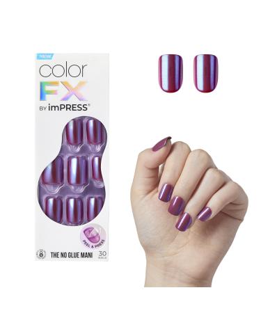 KISS imPRESS No Glue Mani Press-On Nails Color FX 'Infinity' Dark Purple Short Size Squoval Shape Includes 30 Nails Prep Pad Instructions Sheet 1 Manicure Stick 1 Mini File