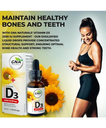 GNA Naturals Vitamin D3 Drops 2500 IU 30ml - Liquid Vitamin D3 for Adults - High Potency Flavorless Easy to Absorb - Pure D3 Supplement for Daily Wellness - Supports Bone Heart and Teeth Health - Buy Online on SooperMarket.com
