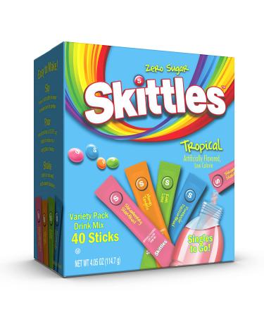 Skittles Singles To Go Tropical Flavors Variety Pack, Powdered Drink Mix, Includes 4 Flavors, Strawberry Starfruit, Mango Tangelo, Kiwi Lime, Pineapple Passionfruit, 40 Count 40 Count (Pack of 1)